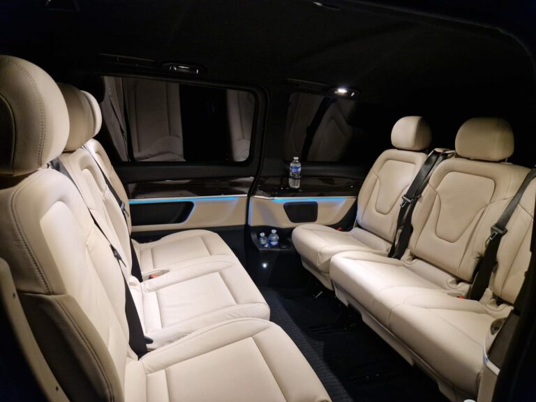 Mercedes V-Class VIP lounge with ambient lighting, night transfer